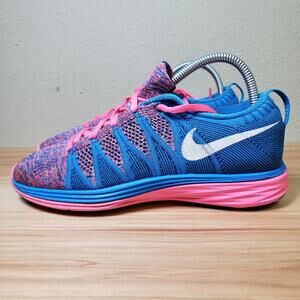 Nike Women's 7.5 Flyknit Lunar 2 Running Shoes Blue Pink Bubblegum Preppy Sporty